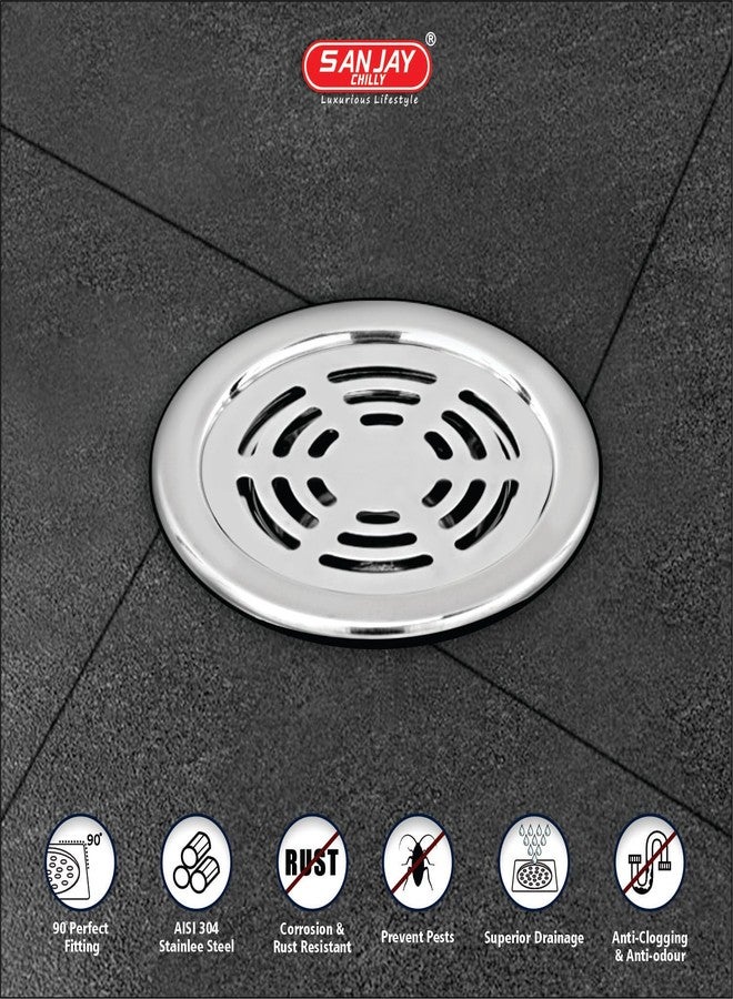 SANJAY CHILLY مصرف أرضي من الفولاذ المقاوم للصدأ من سانجاي تشيلي، غطاء جالي 4 بوصة، درجة 304، مصرف مياه الصرف الصحي في الحمام وحوض الاستحمام والمطبخ، في حوض الحمام والمرحاض (TOF دائري دائري فضي) - Image 2